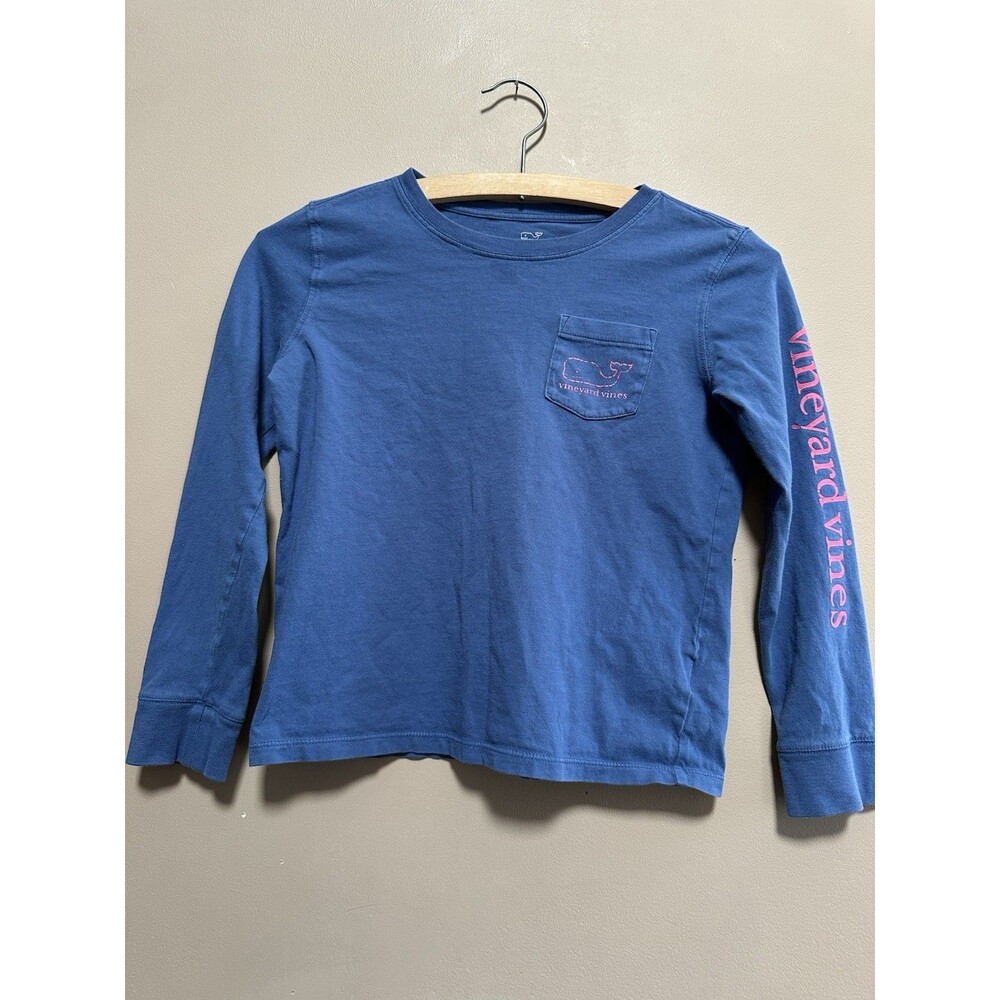 Vineyard Vines Blue Long‎ Sleeve Shirt Tee with Pocket Pink Logo Sz Medium 10-12